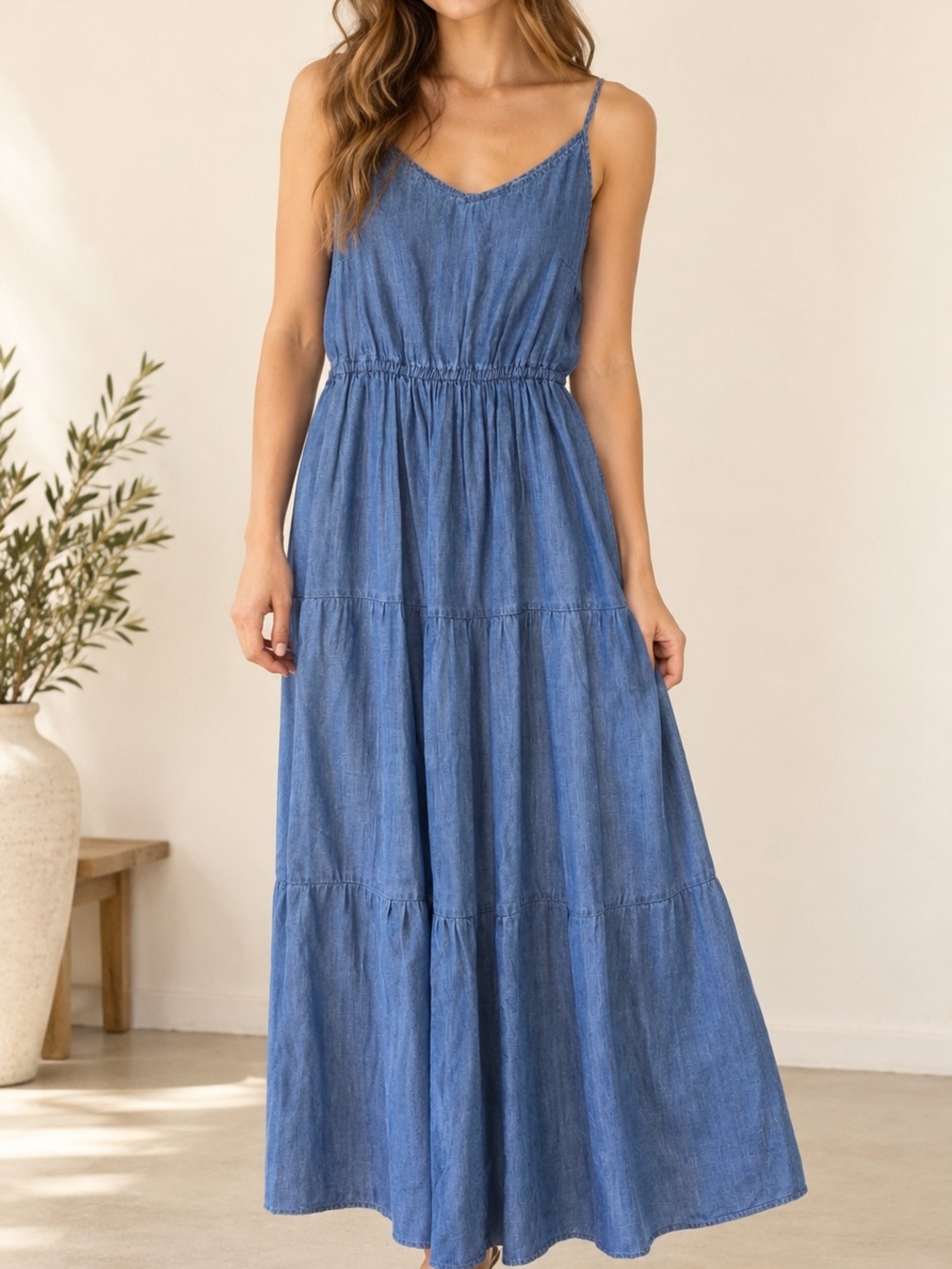Velvet Heart Blue Chambray Maxi Dress with Spaghetti Straps